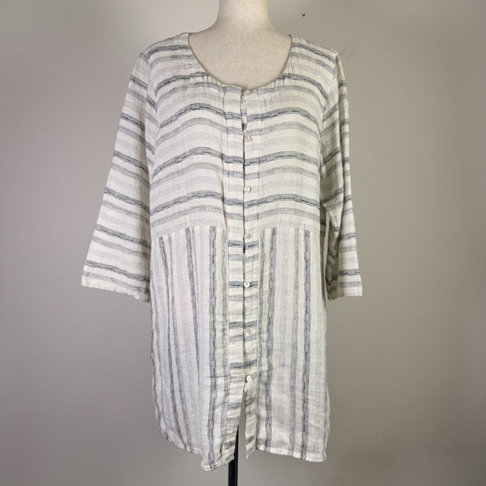 J Jill Purejill Cotton Linen Tunic Top Size Large White/Grey Button Front Boho